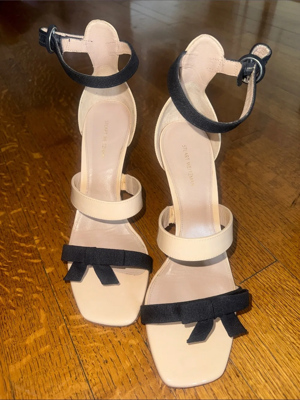 Stuart Weitzman Beige and Black Ankle-Strap Bow Sandals